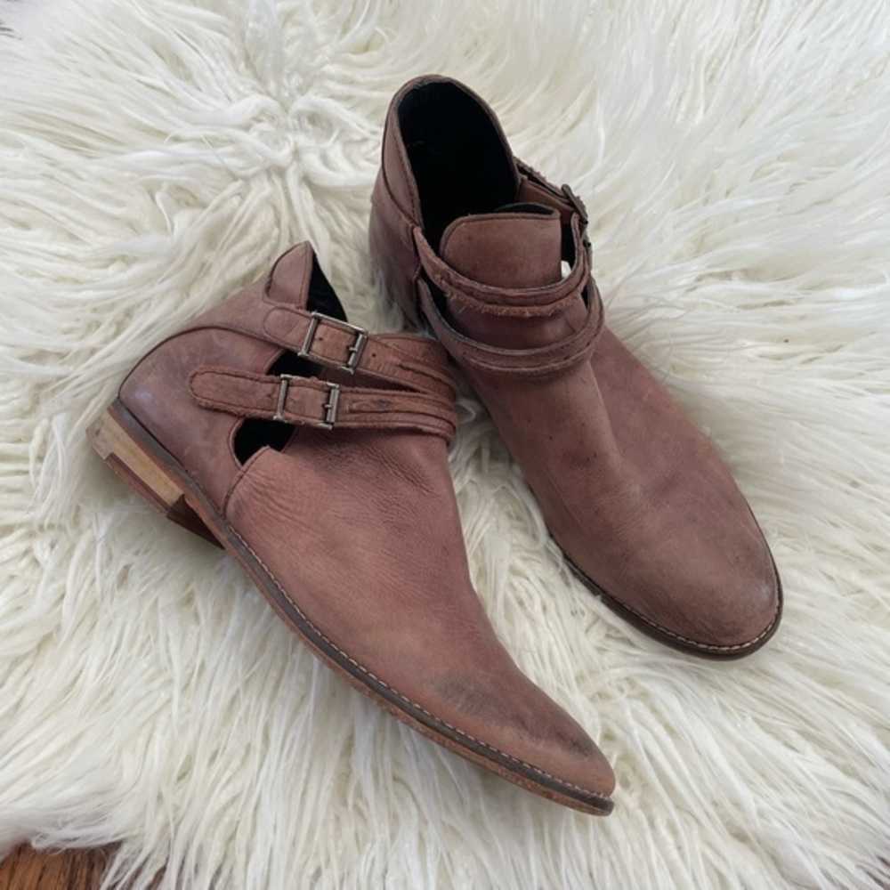 Free people brown leather buckle booties size 41